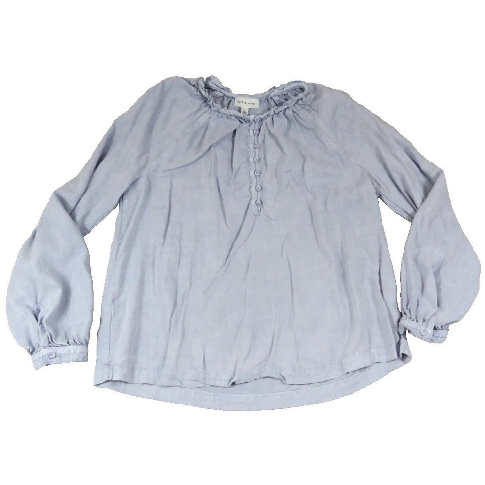 Cloth & Stone Blouse Womens L Blue Tencel Lyocell Ruffle Neck Anthropology Shirt